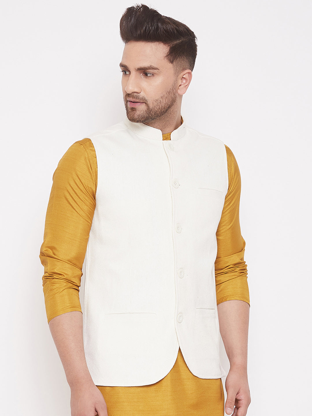 Men's White Cotton Linen Nehru Jacket - Even Apparels