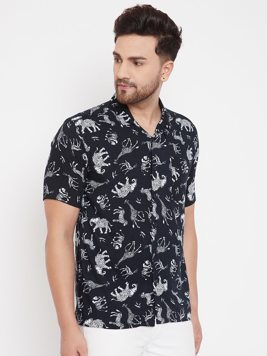 Men's Printed Black Cuban Collar Shirt