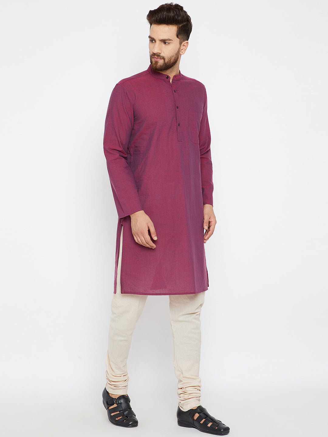 Men's Magenta Solid Cotton Kurta