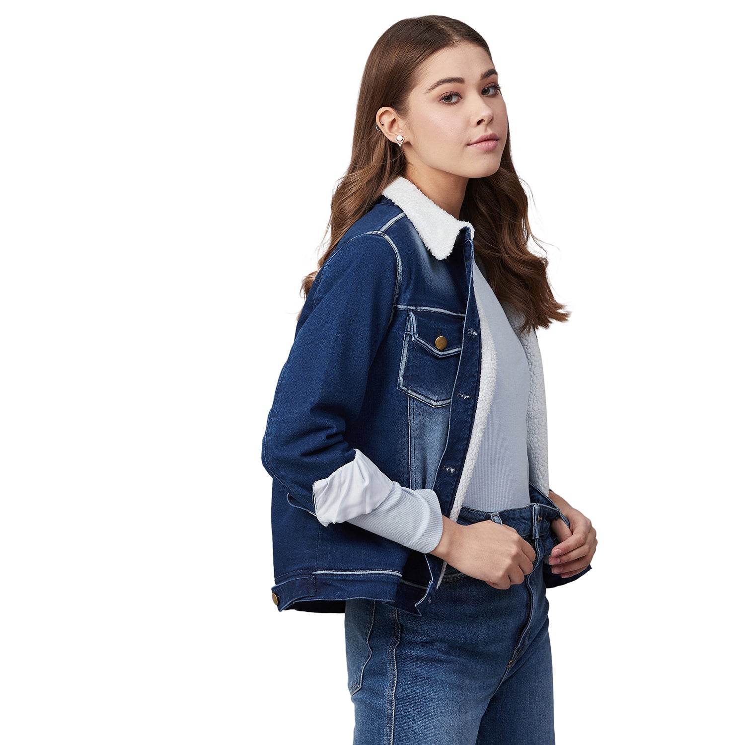 Women's Denim Jacket with Soft Warm Faux Fur Lining inside - StyleStone