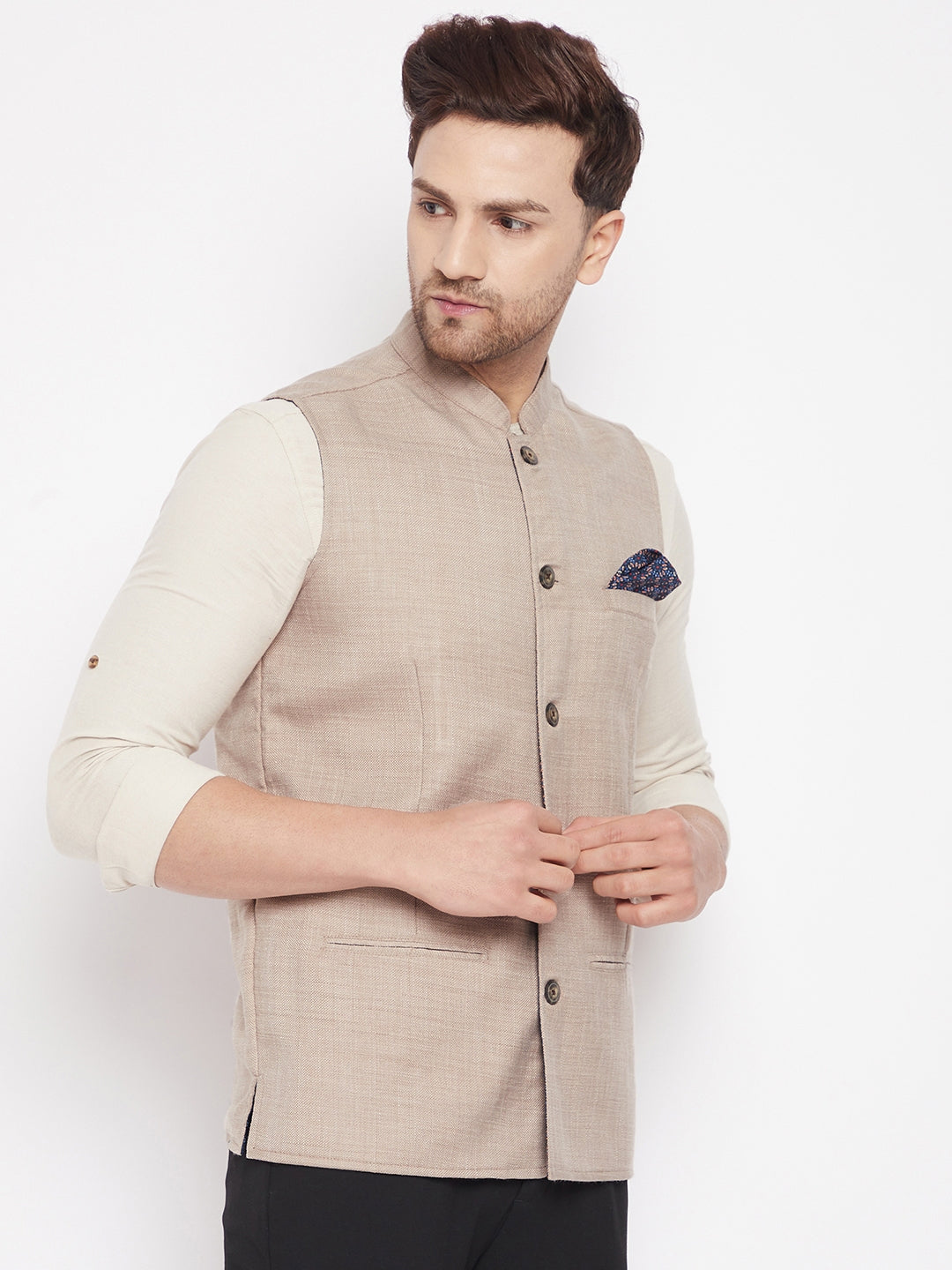 Men's Cream Color Nehru Jacket-Contrast Lining-Inbuilt Pocket Square - Even Apparels