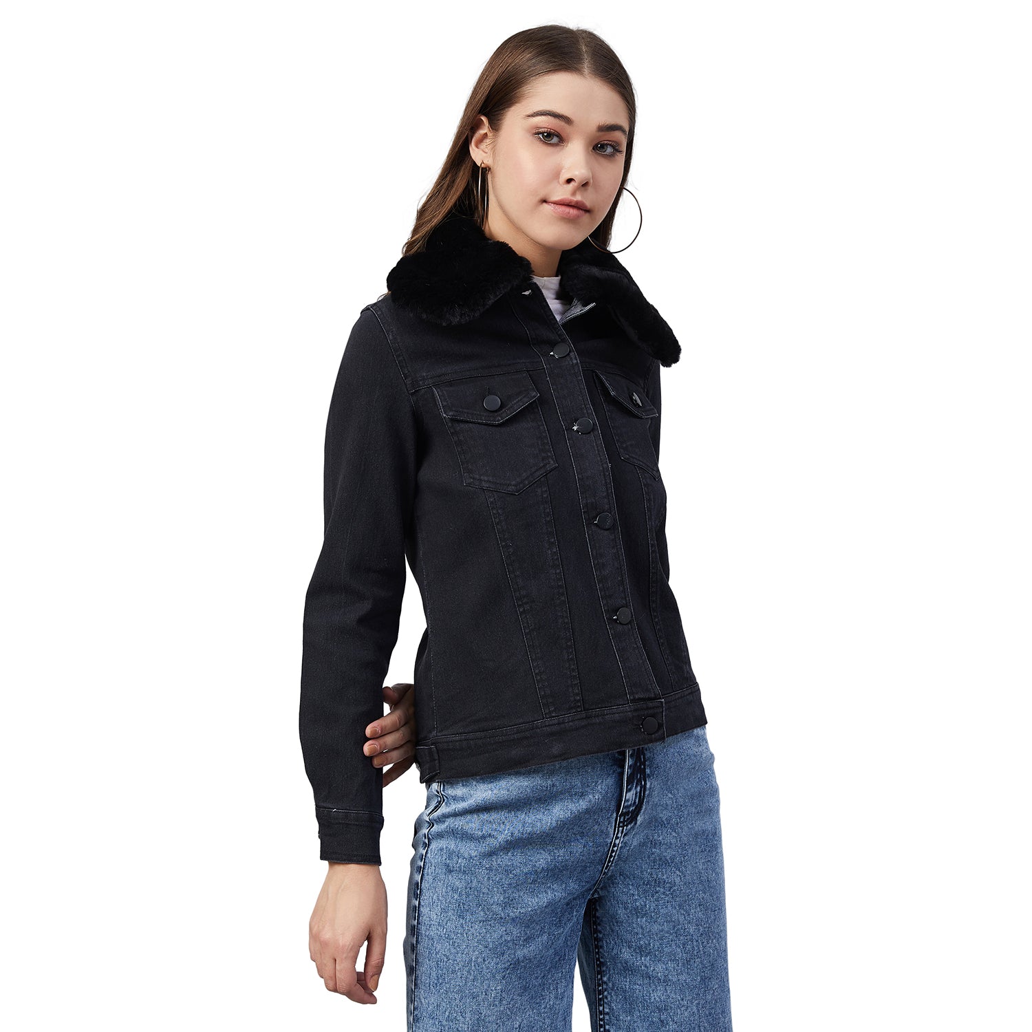 Women's Black Denim Jacket with Detachable Black Fur Collar - StyleStone