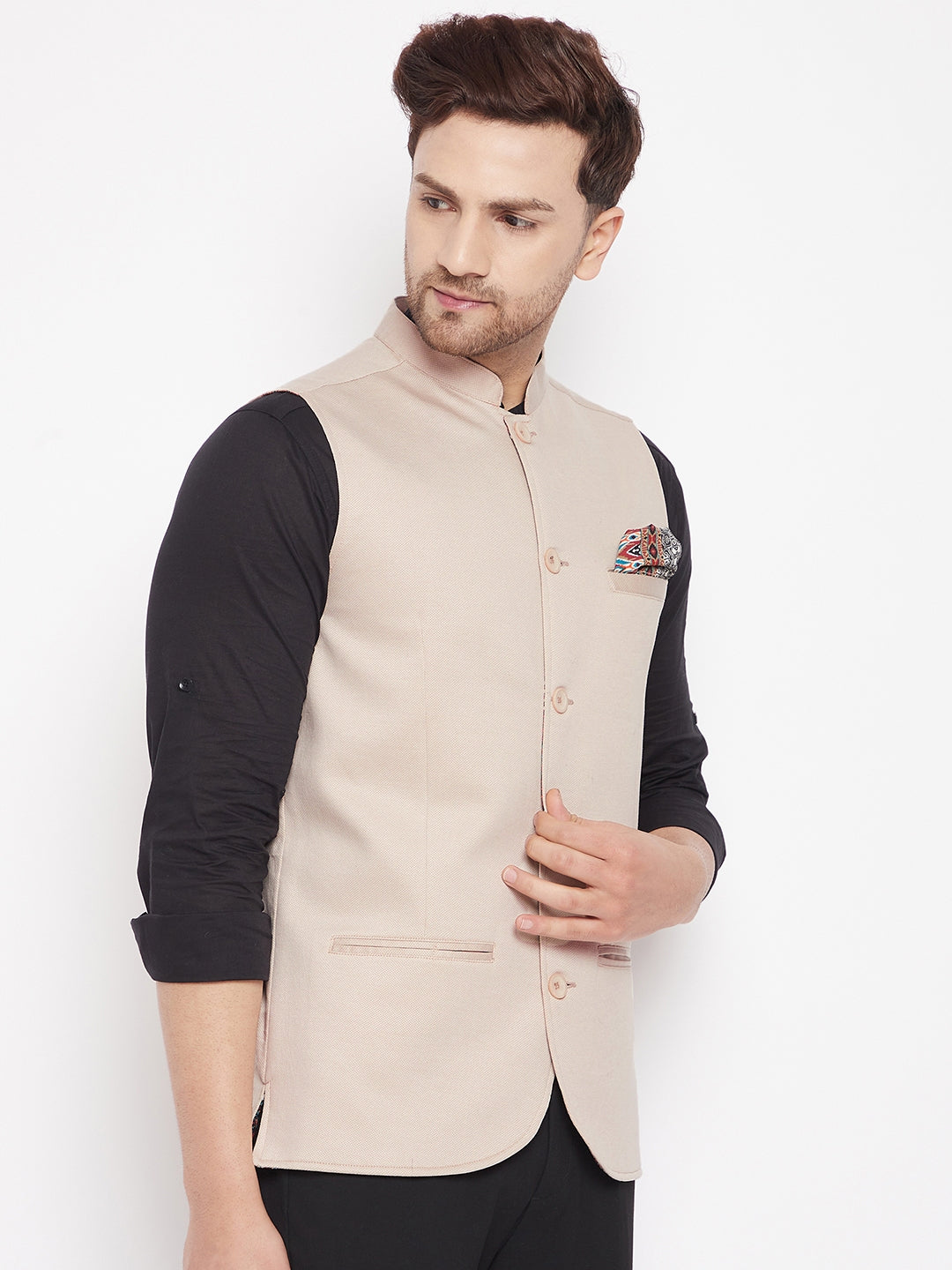 Men's Cream Color Woven Nehru Jacket - Even Apparels