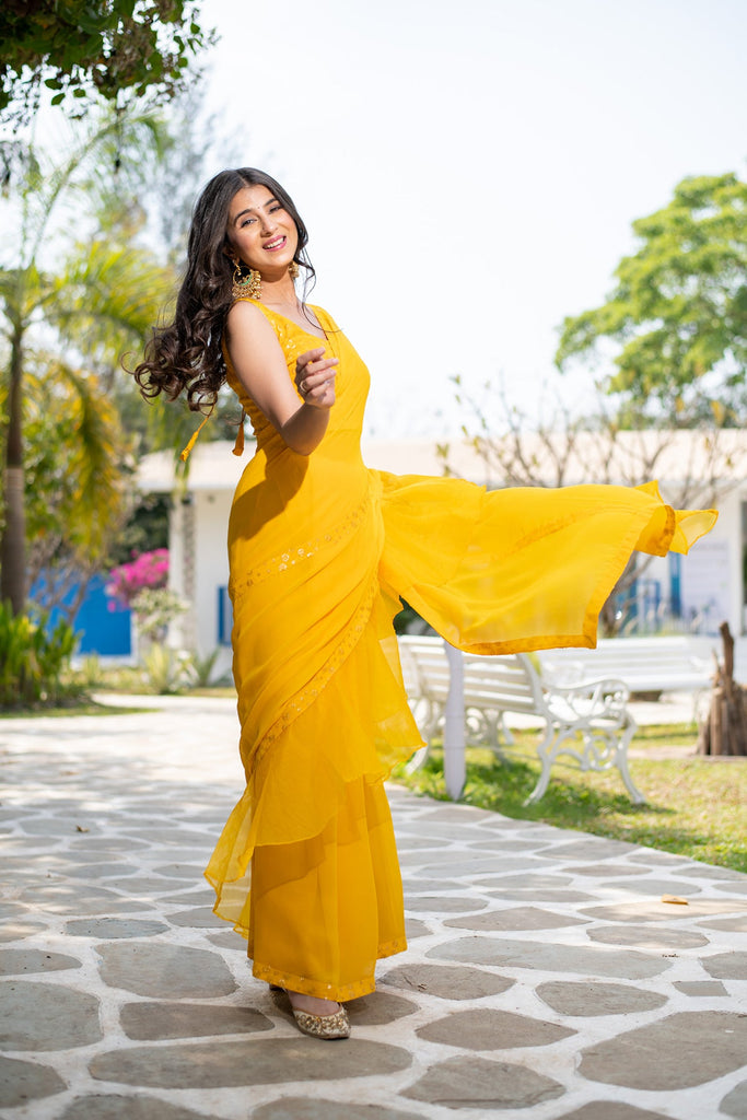Women's Yellow Ruffle Saree