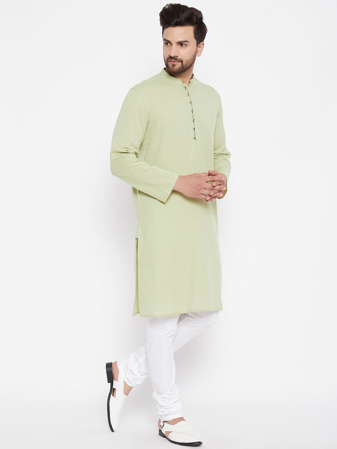 Men's Solid Green Linen Kurta - Even Apparels