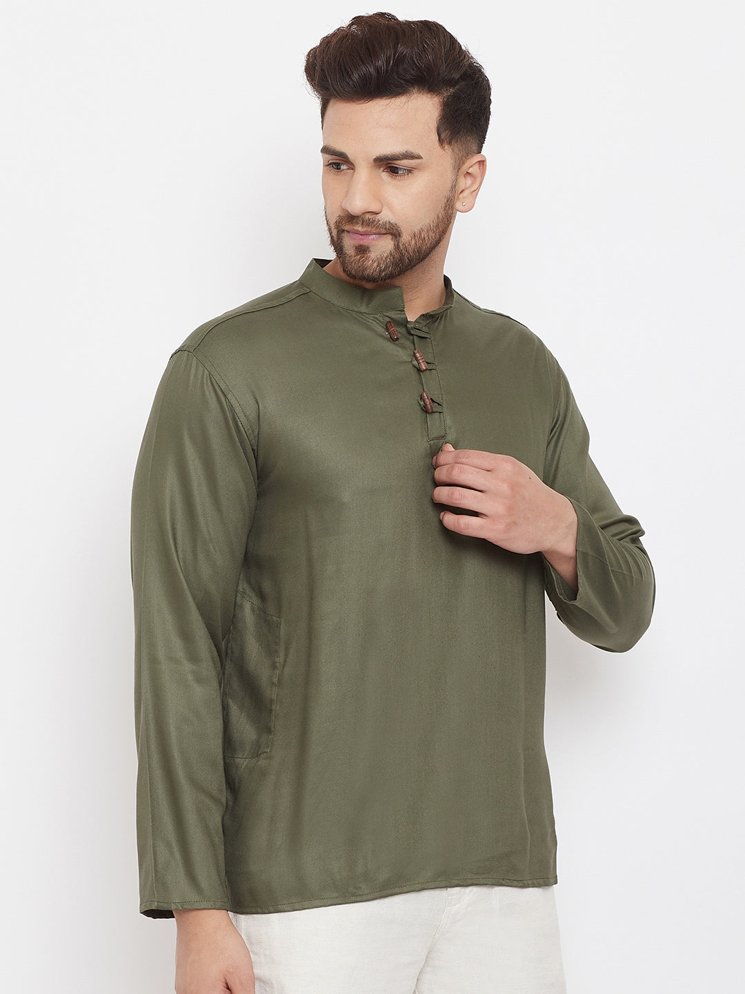 Men's Olive Green Button Placket Shirt Kurta - Even Apparels