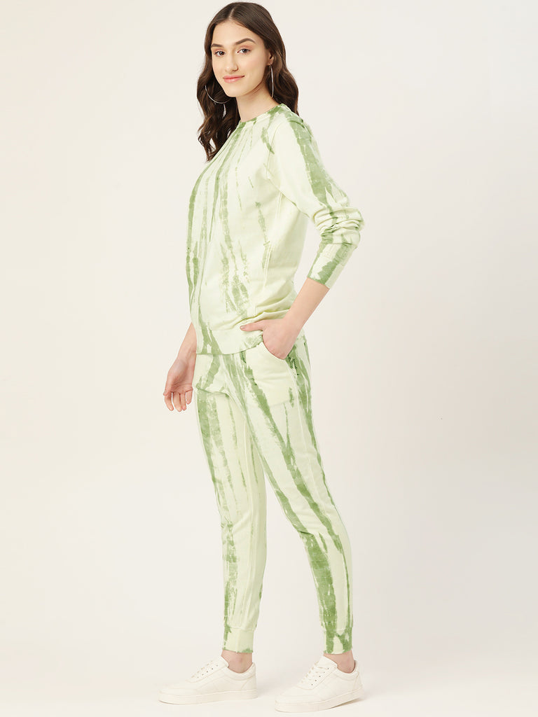 Women's White Green lighting Tie Dye Sweatshirt With Joggers