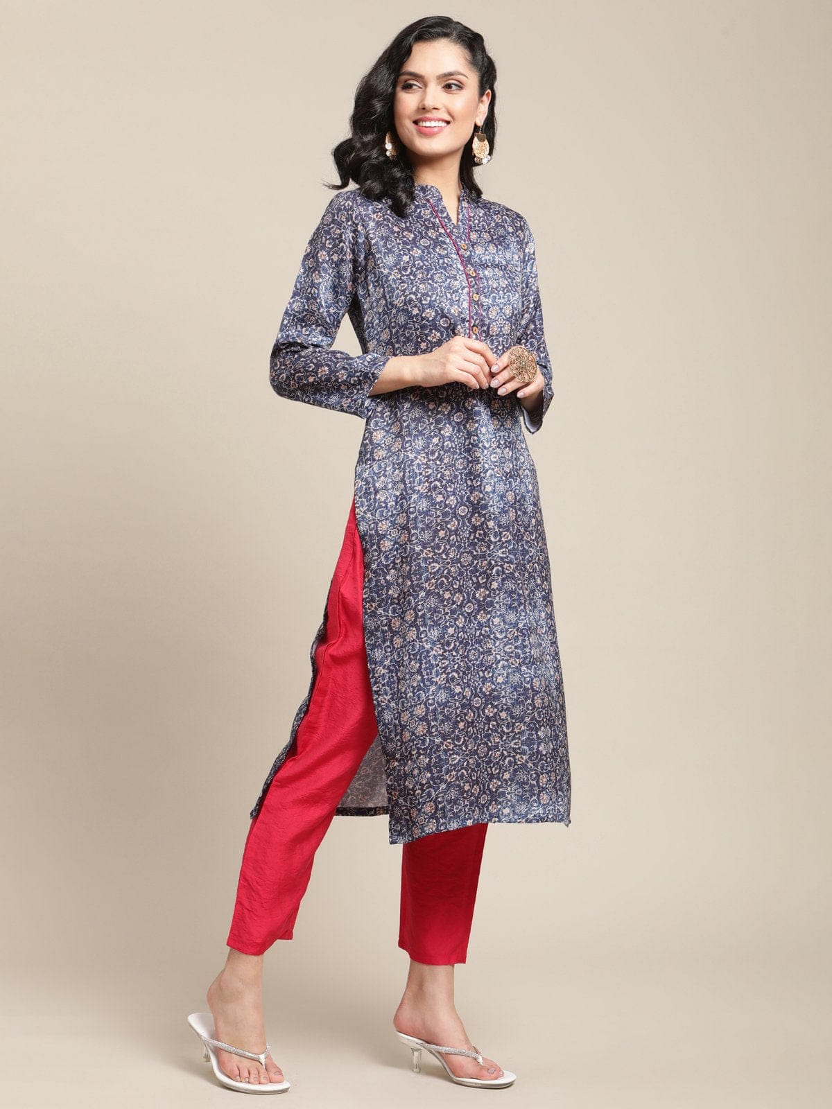Women's Blue And Beige Mandain Collar  Floral Printed Pashmina Kurta With Straight Hemline And Full Sleeve - Varanga
