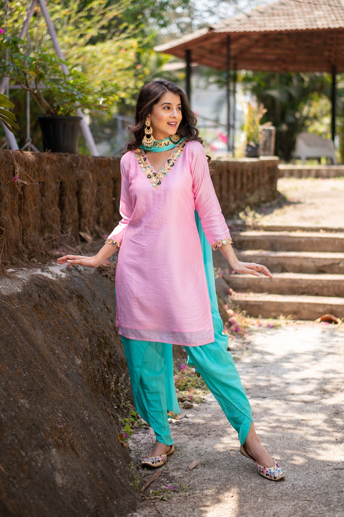 Women's Light pink and Sea green Patialla Set - Label Shaurya Sanadhya
