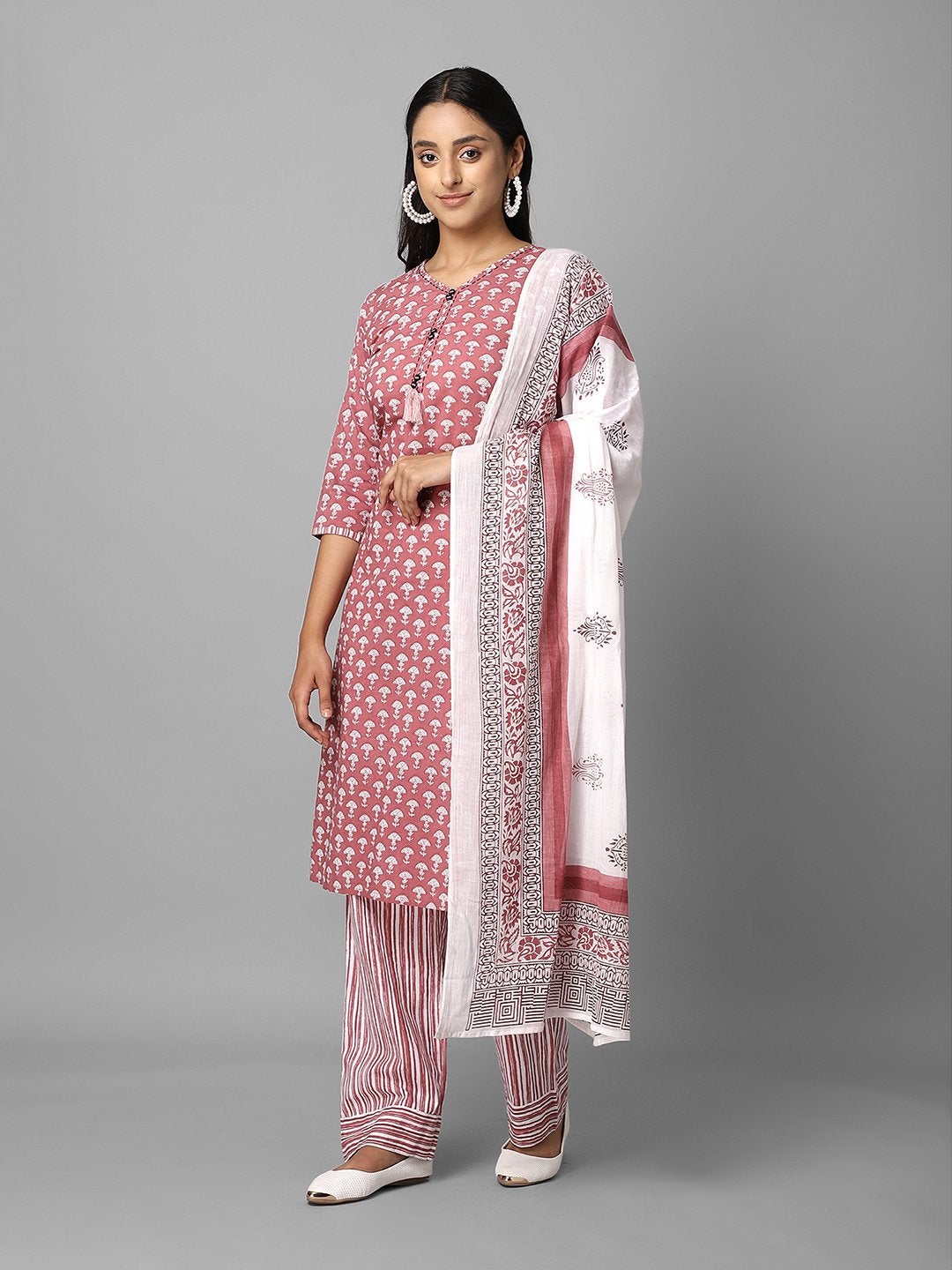 Women's Pink And White Ethnic Printed Side Slit Straight Kurta Palazzo And Dupatta Set - Azira
