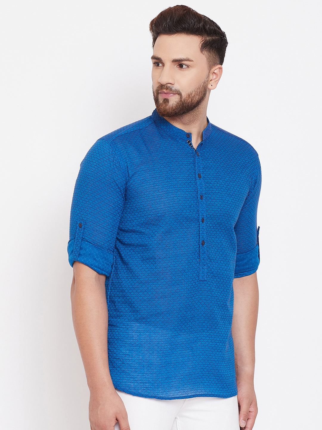 Men's Woven Design Blue Shirt Kurta