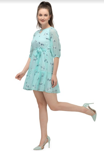 Women's Sky Blue Mini Dress With Tie Up At The Waist - MESMORA FASHIONS