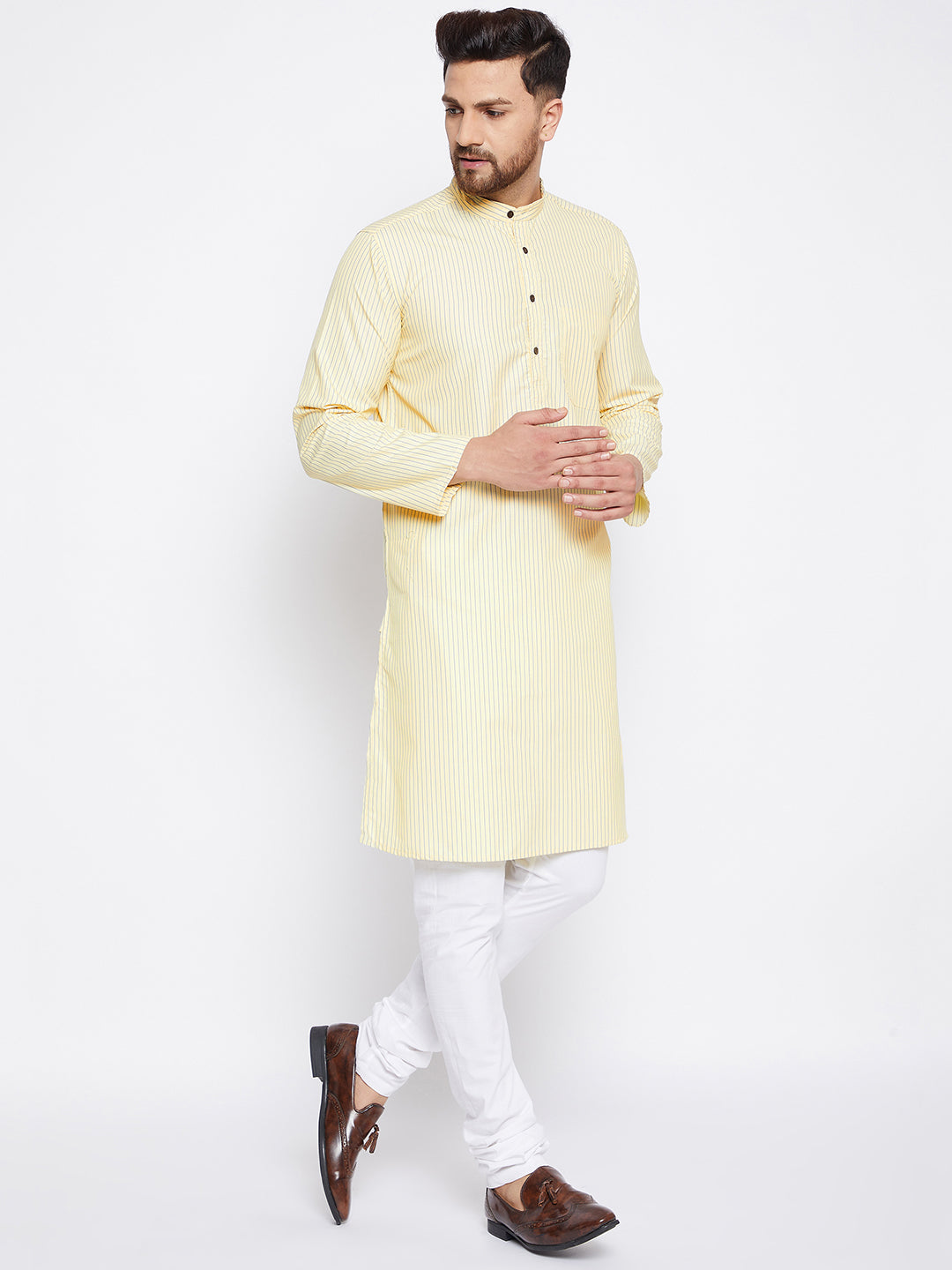 Men's Pure Cotton Striped Yellow Kurta - Even Apparels