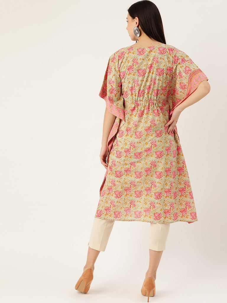 Women's Cotton Green & Pink Kaftan Kurta
