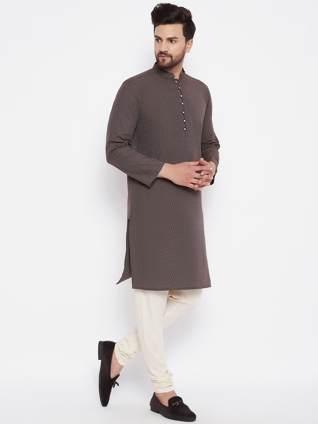 Men's Woven Design Brown Straight  Kurta - Even Apparels