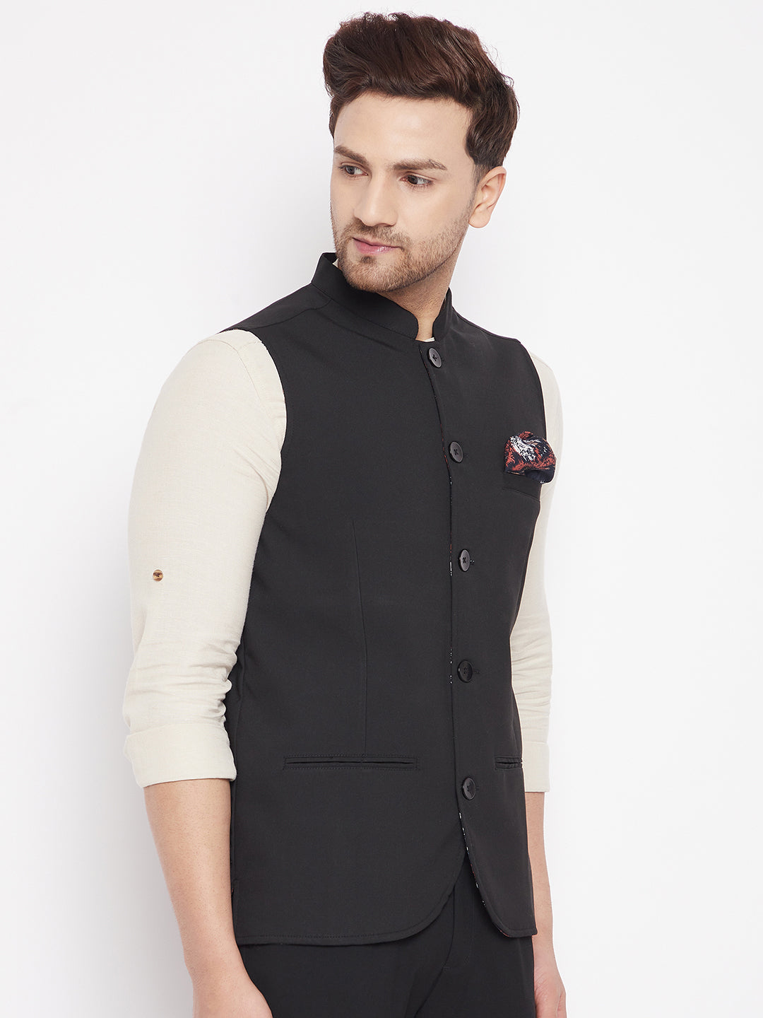 Men's Black Color Nehru Jacket-Contrast Lining-Inbuilt Pocket Square - Even Apparels
