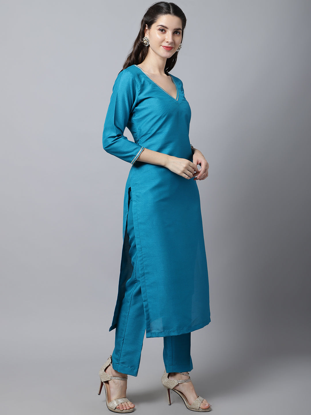 Women's Celeste Blue Silk Kurti With Straight Pants