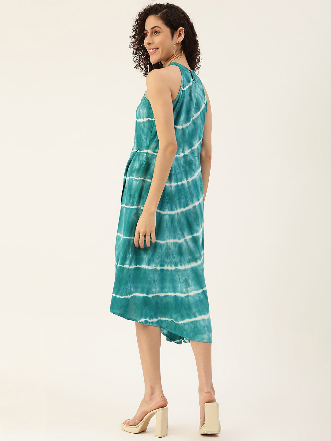 Women's Sea Green Lehriya Halter Tie-dye Rayon Dress - Maaesa