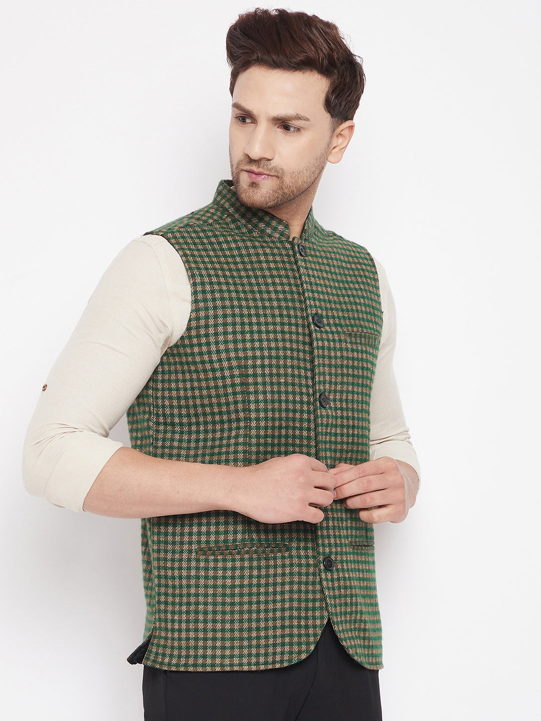 Men's Green Color Woven Nehru Jacket - Even Apparels