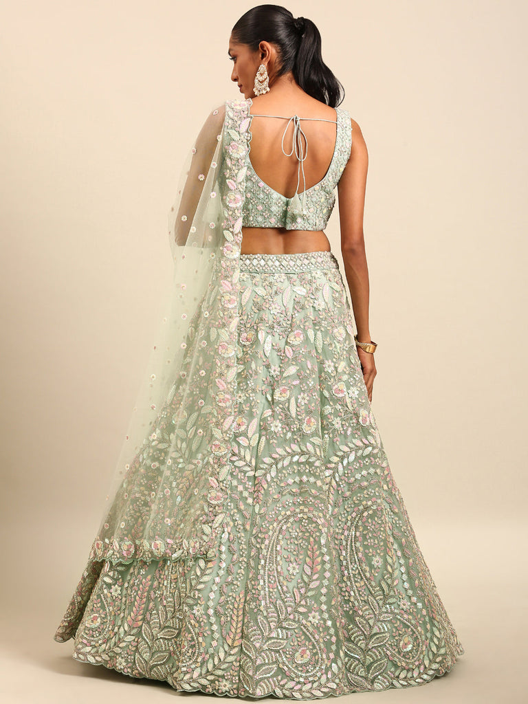 Women 's Sea green Net Multi Sequins with heavy Zarkan embroidery Ready to Wear Lehenga choli & Dupatta