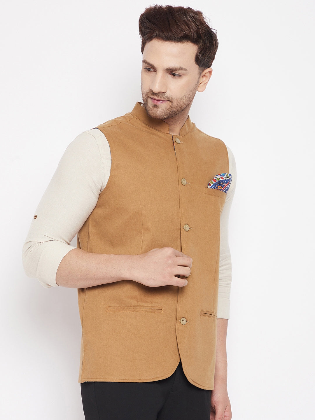 Men's Brown Color Nehru Jacket-Contrast Lining-Inbuilt Pocket Square - Even Apparels