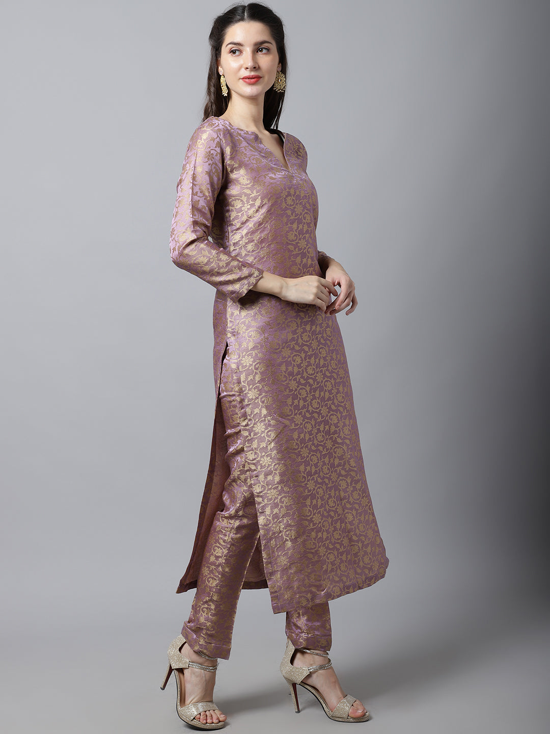 Women's Lilac Charm Brocade Straight Kurti With Straight Pants - Anokherang