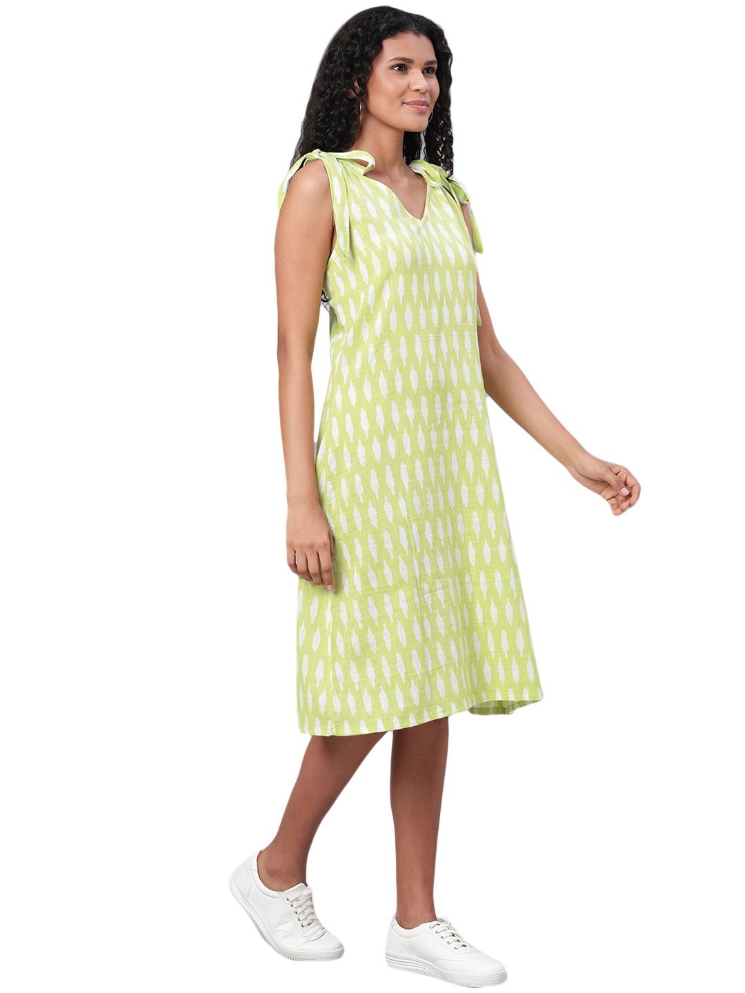 Women's Green Printed Sleeveless Cotton Slub V Neck Casual Dress - Myshka