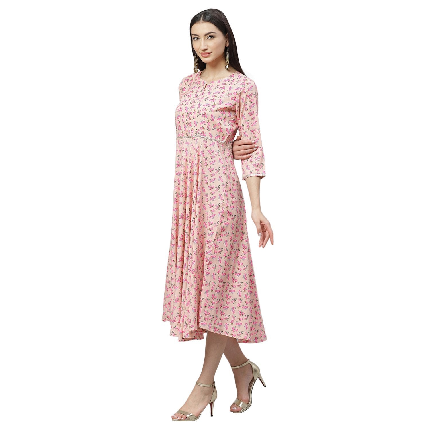 Women's Multicolor Polyster Printed 3/4 Sleeve Round Neck Casual Dress - Myshka