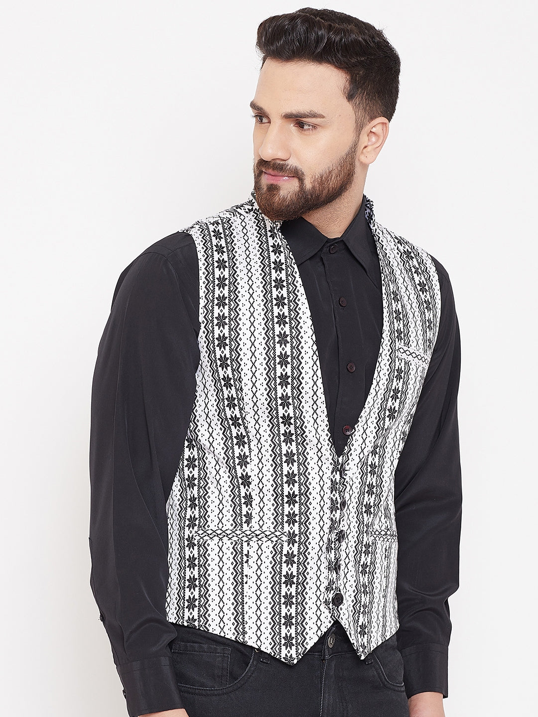 Men's Ethnic Print Monochrome Waistcoat