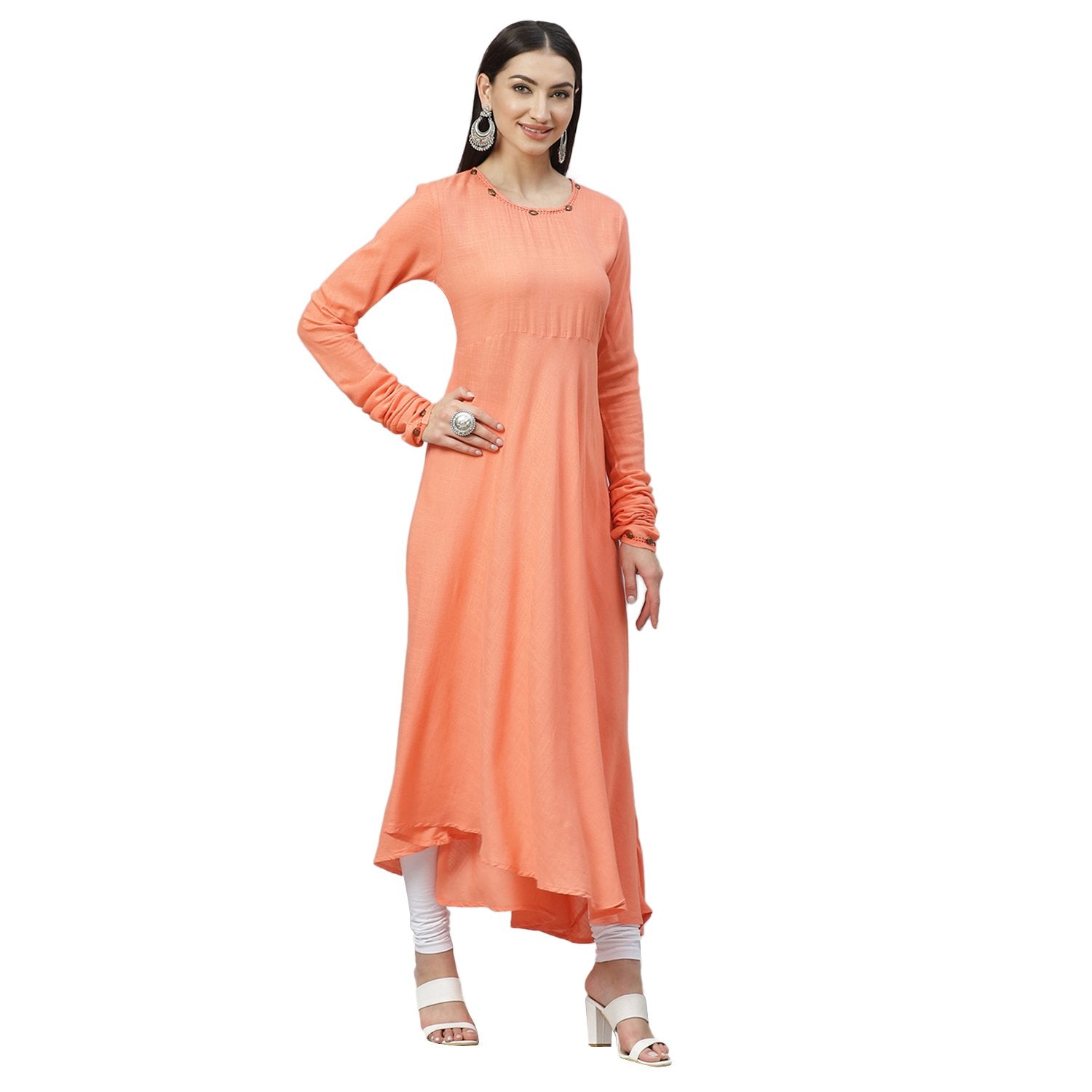 Women's Pink Cotton Solid Full Sleeve Round Neck Casual Anarkali Kurta With Dupatta - Myshka