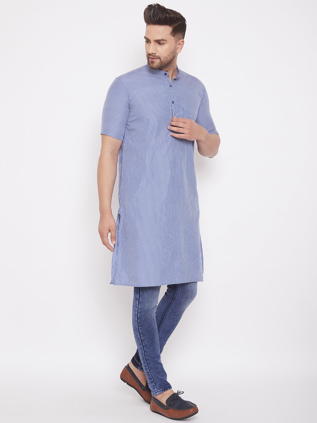 Men's Striped Blue Cotton Kurta