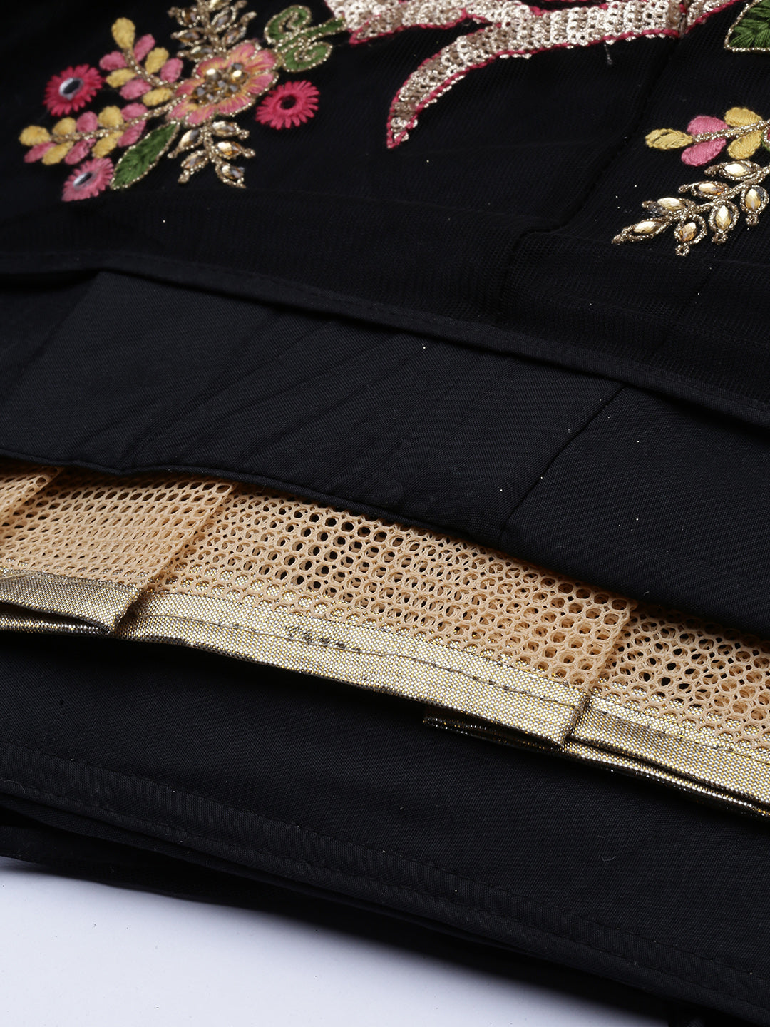 Women's Black Embroidered Net Fully Stitched Lehenga & Blouse With Dupatta - Royal Dwells