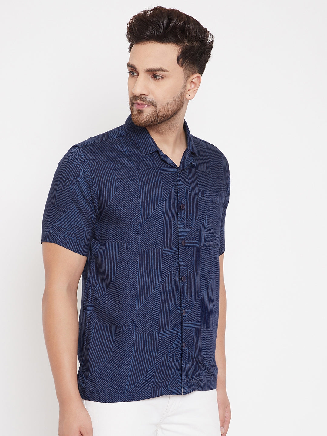 Men's Striped Navy Blue Cuban Collar Shirt