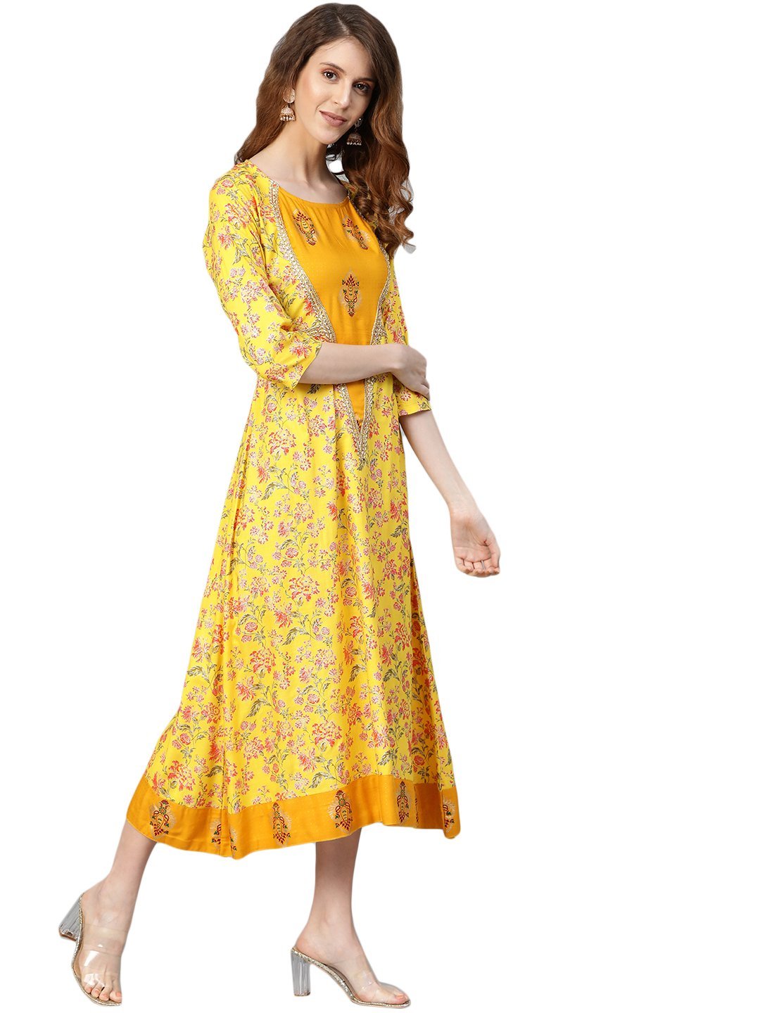Women's Yellow Printed 3/4 Sleeve Cotton Slub Round Neck Casual Dress - Myshka