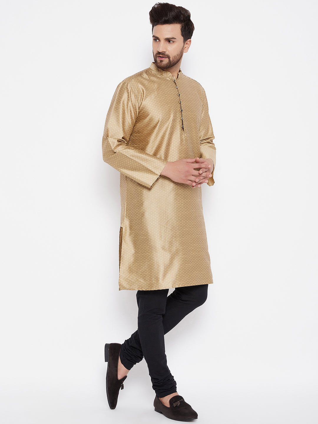 Men's Woven Design Gold Straight  Kurta - Even Apparels