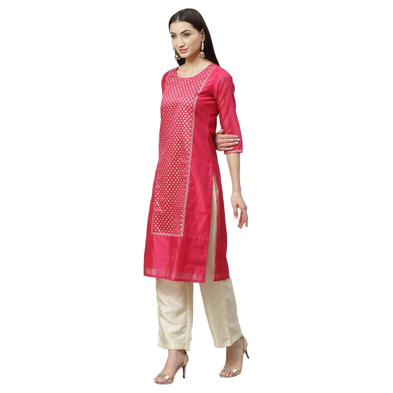 Women's Pink Chanderi Printed 3/4 Sleeve Round Neck Casual Kurta Pant Set - Myshka