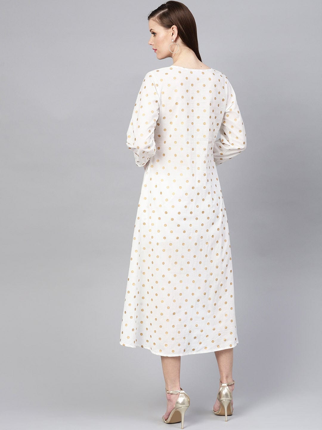 Women's White & Beige Polka Dots Printed A-Line Dress - Varanga
