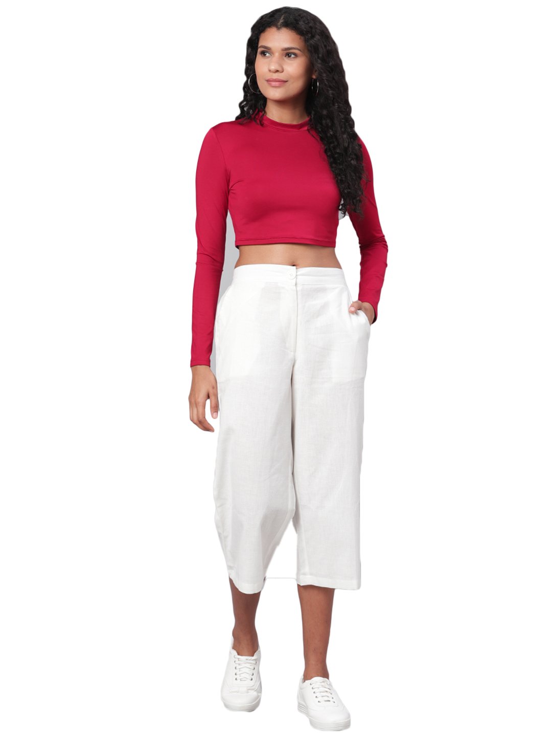 Women White Solid Cotton Trouser by Myshka (1Pc Set)