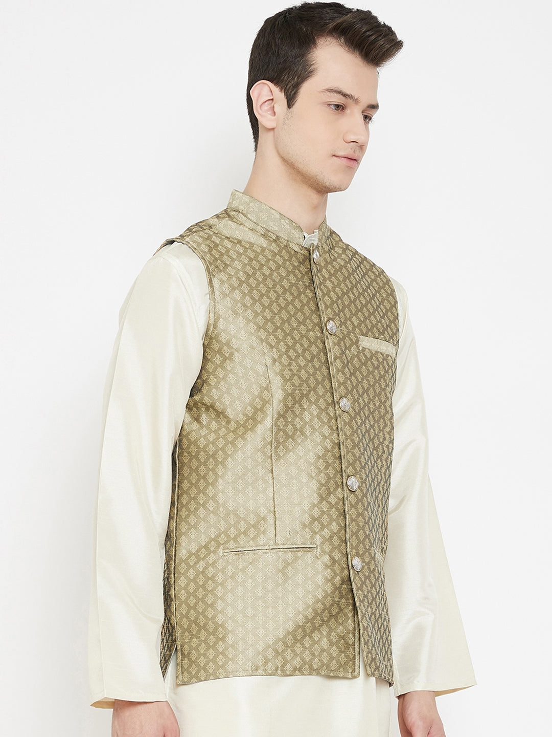 Men's Jacquard Beige Silk Nehru Jacket