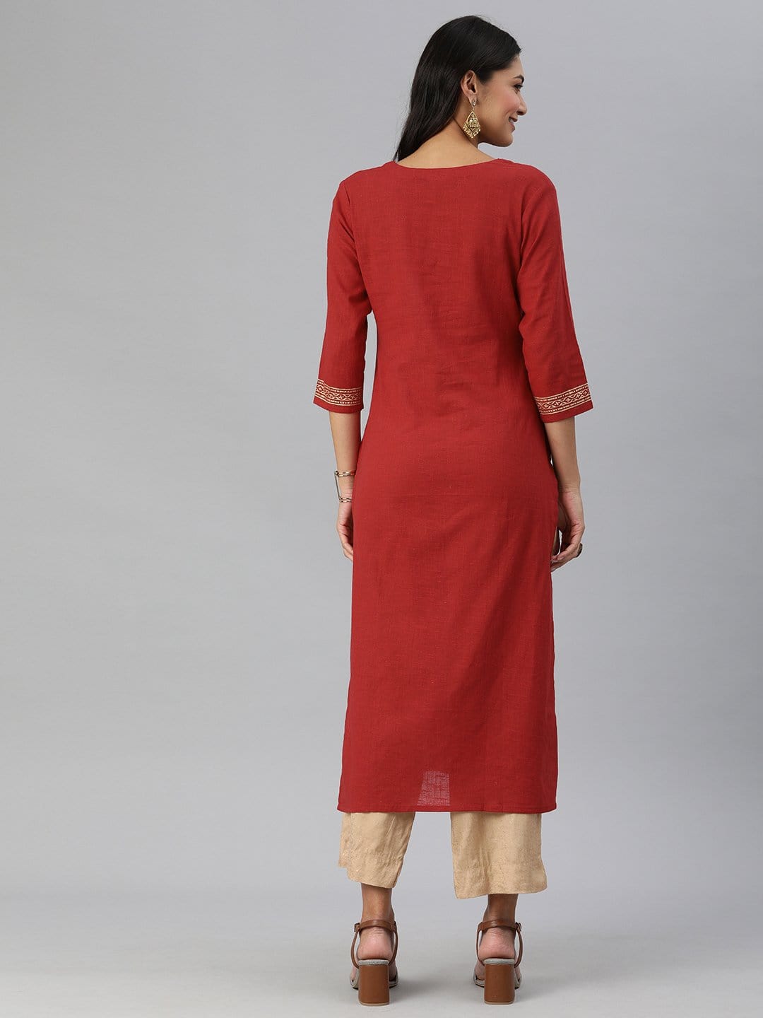 Women's KSUT Red And Gold Block Printed Straight Kurta With 3/4Th Sleeves - Varanga