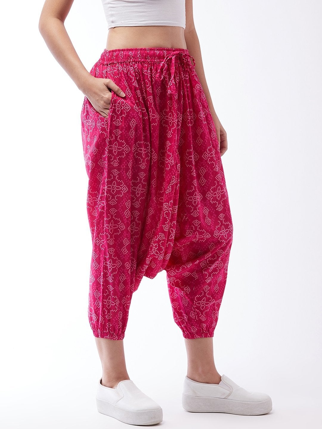 Women's Pink Bandhini Harem Pants For Teens - InWeave