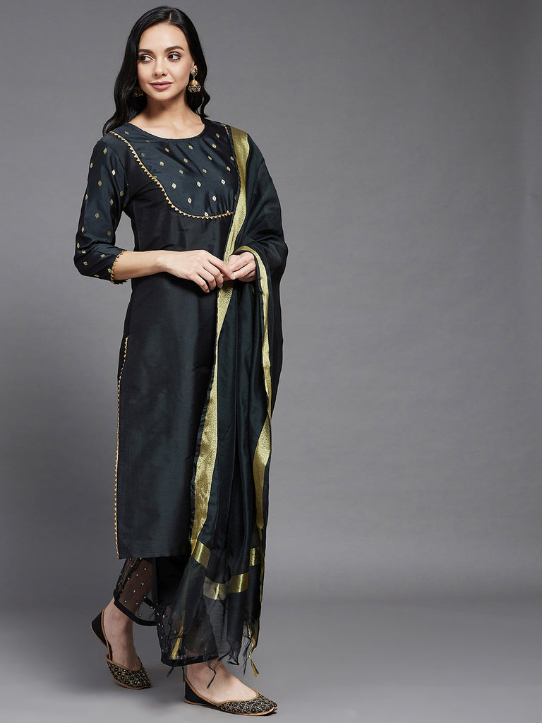 Women's Black Solid Side Slit Straight Kurta Palazzo And Dupatta Set