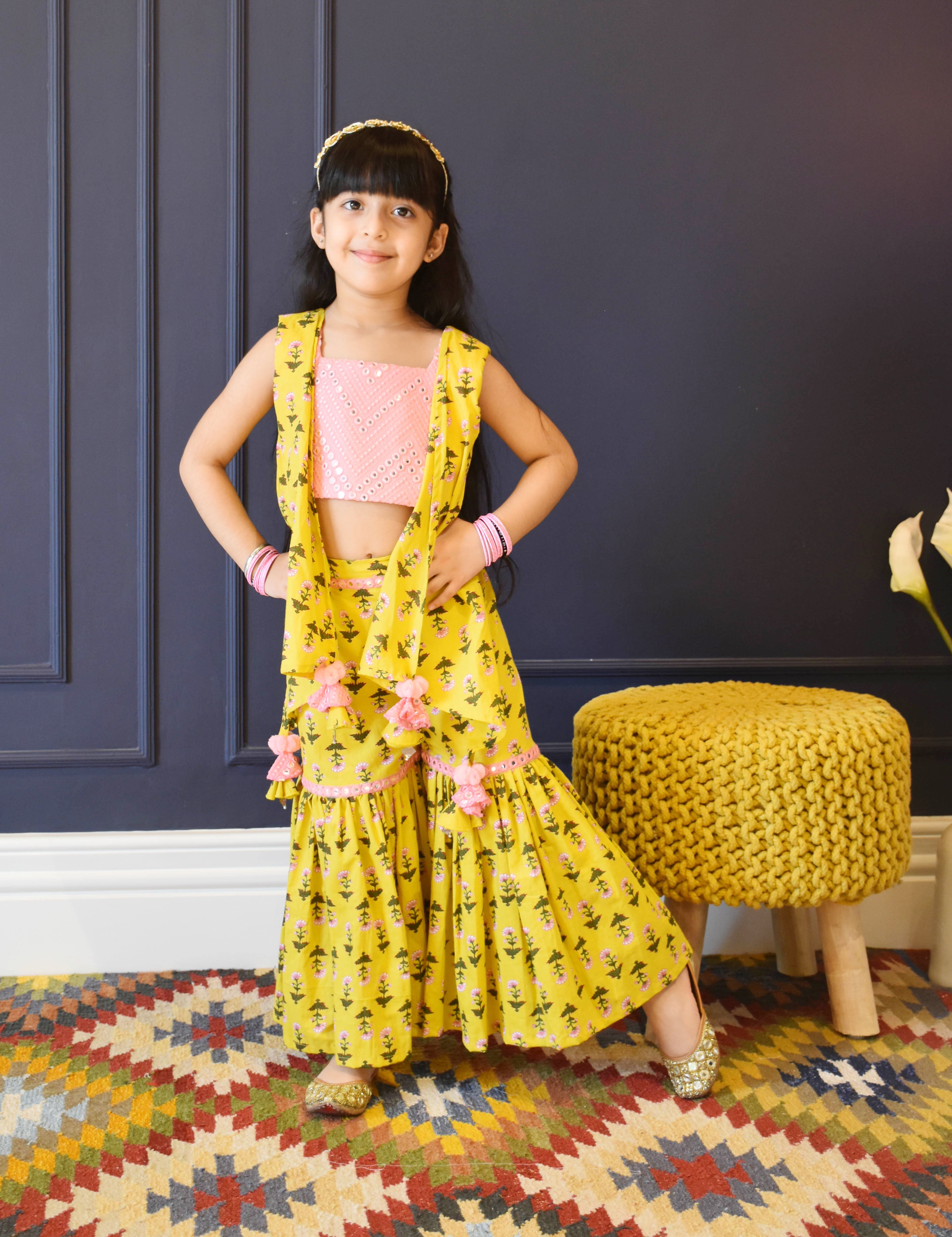 Girl's Yellow Print Top And Sharara Set - Fayon Kids