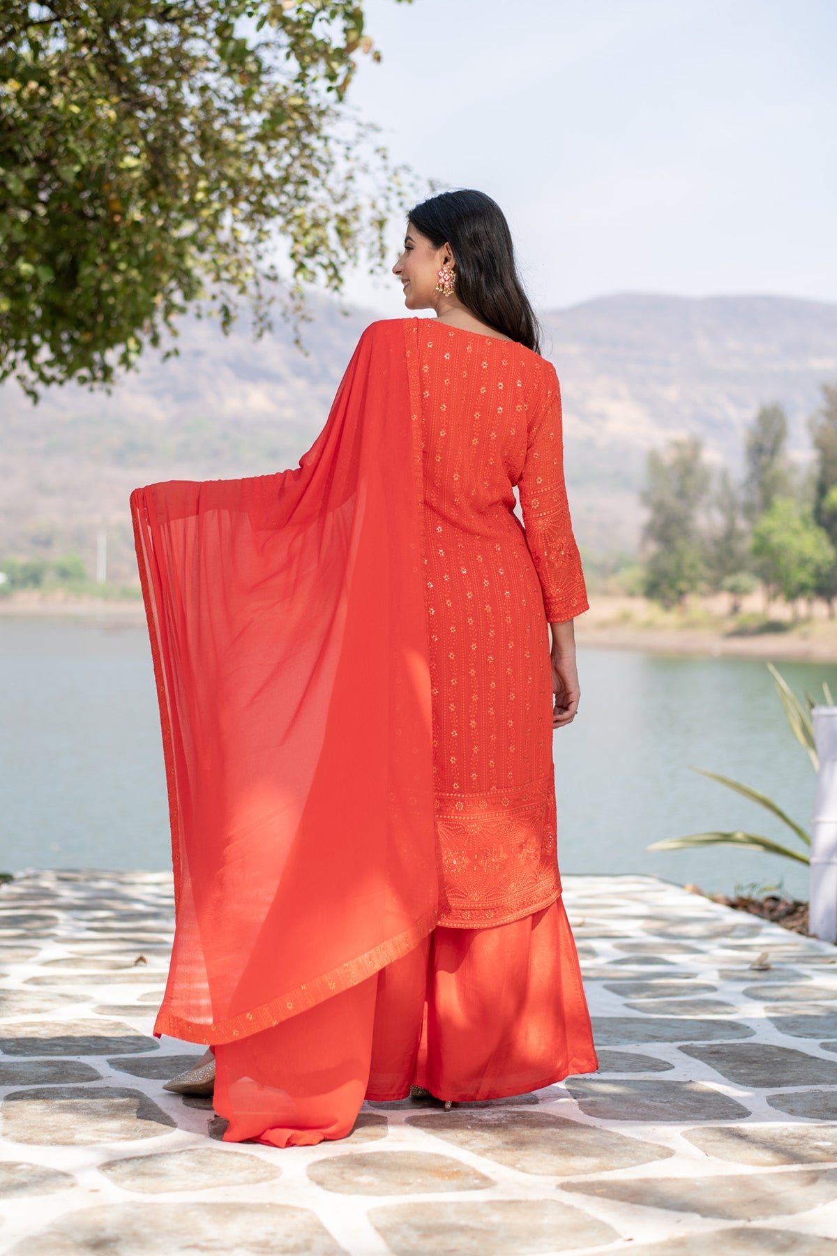 Women's Burnt Orange Heavy Thread Work Long Kurta Set - Label Shaurya Sanadhya