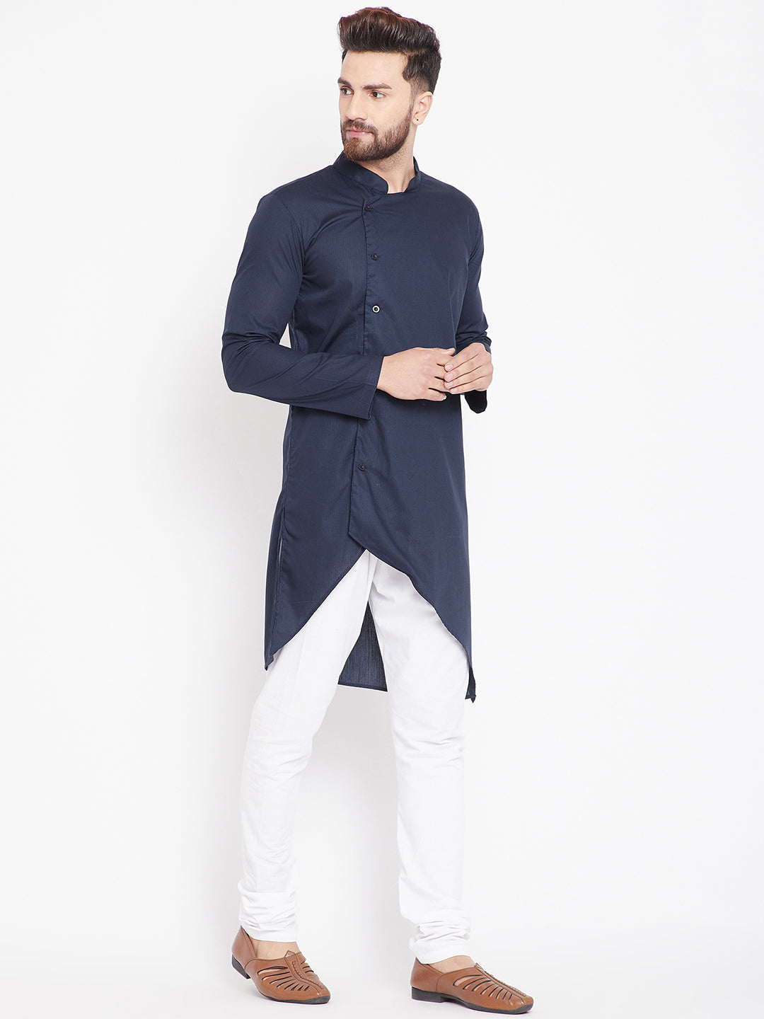 Men's Dark Grey Asymmetrical Cotton Kurta