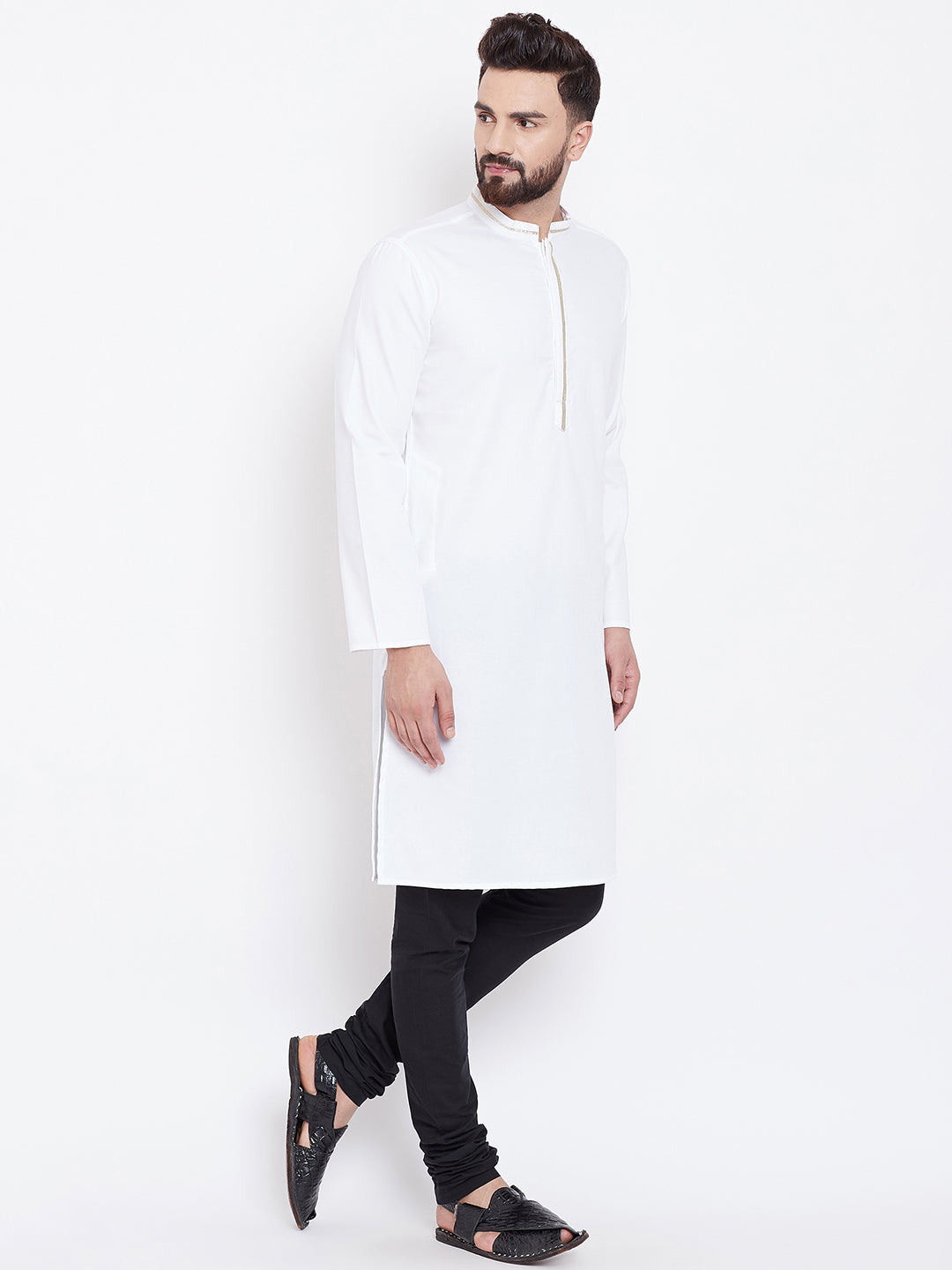 Men's White Zari Work Cotton Kurta - Even Apparels