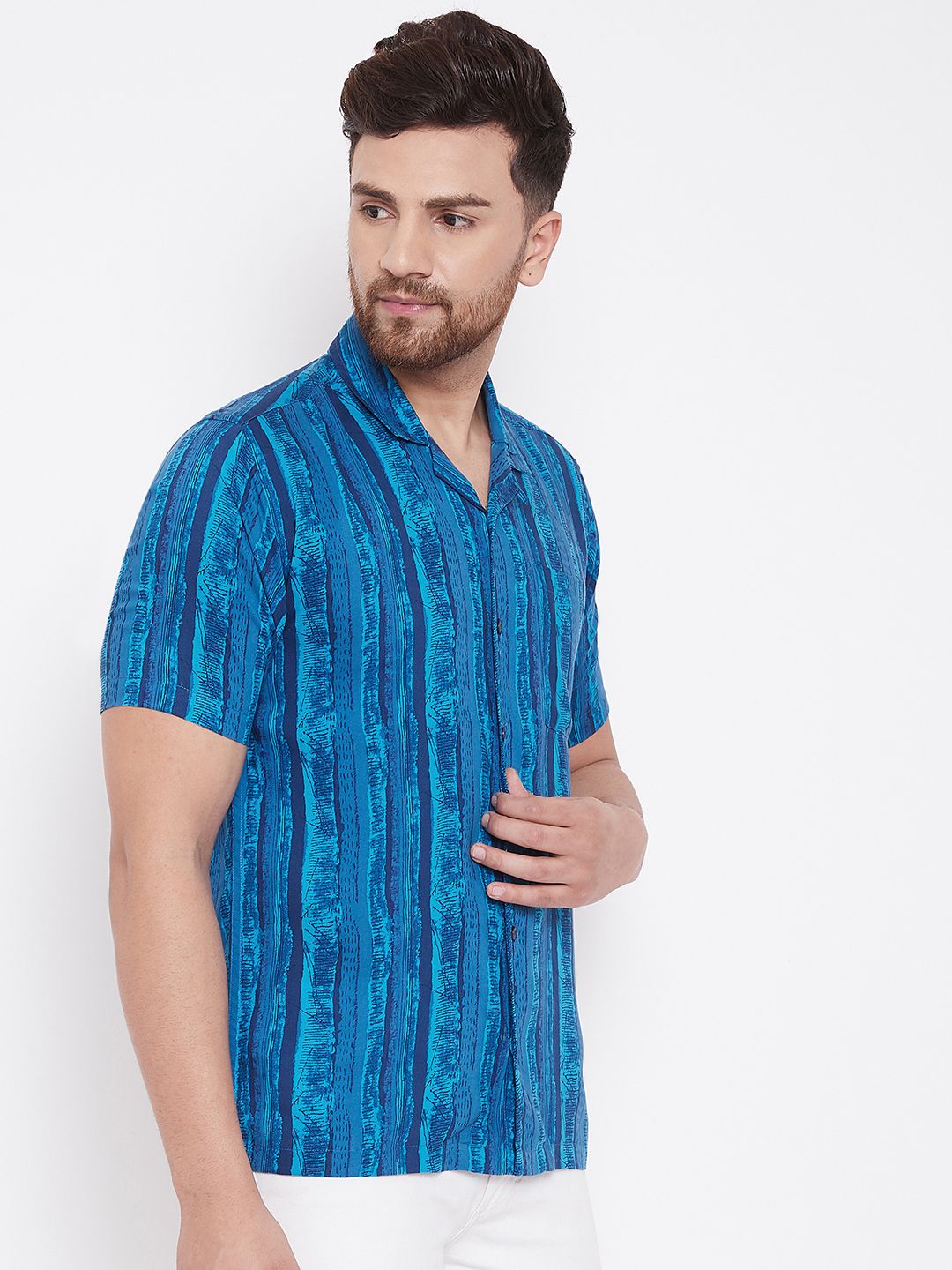 Men's Blue Summer Cuban Collar Shirt