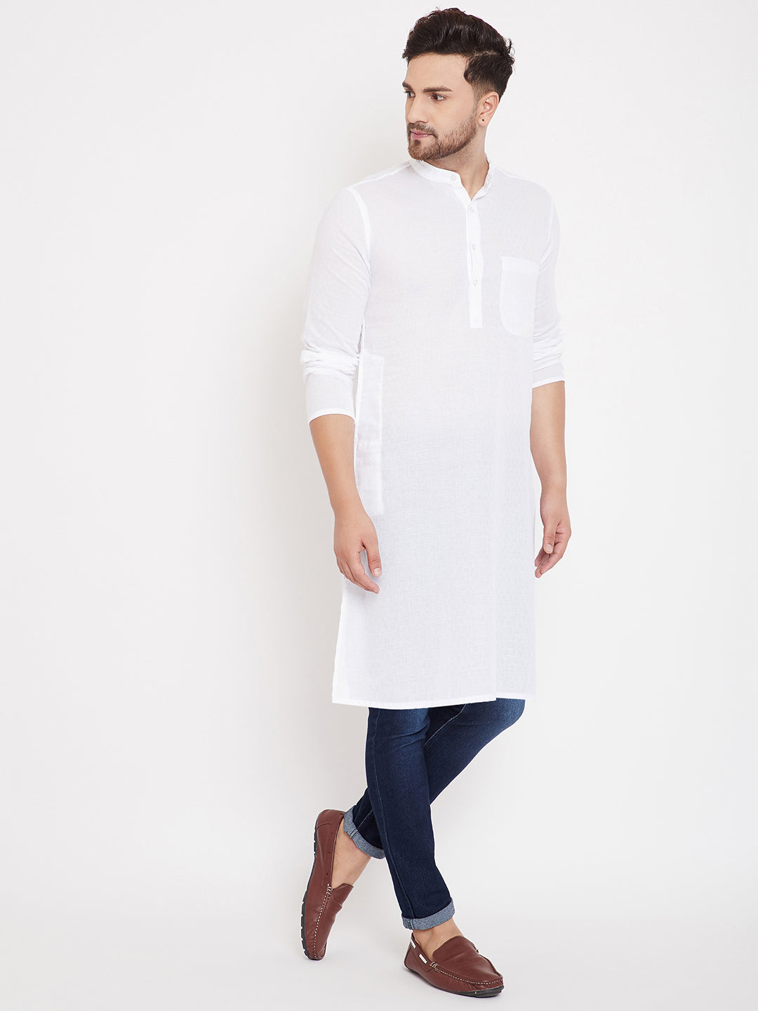 Men's Cotton White Solid Kurta