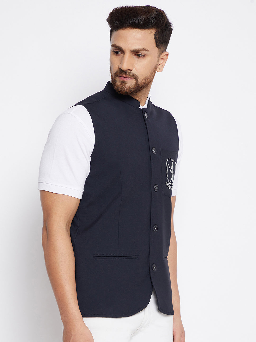 Men's Blue Woven Design Nehru Jacket - Even Apparels