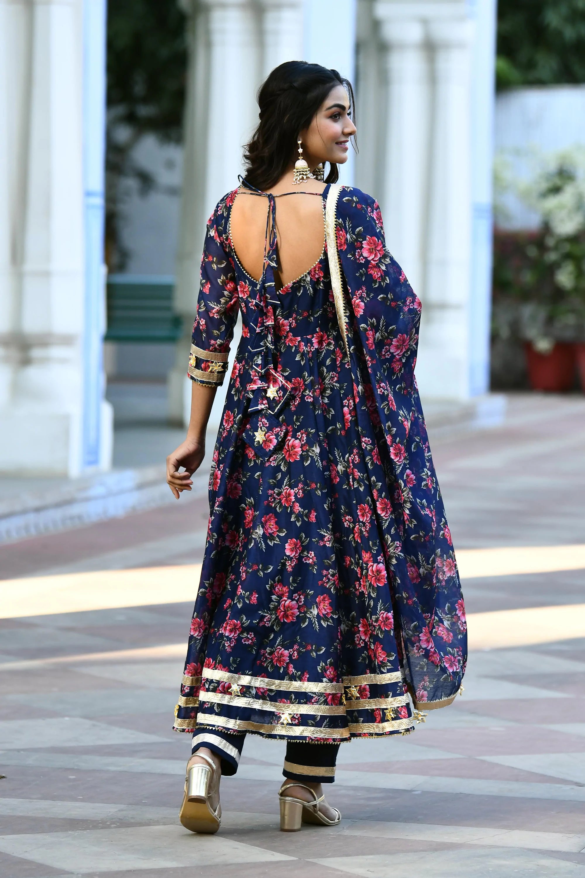 Women's Indigo Floral Anarkali Suit Set  - Saras The Label -3Pc Set